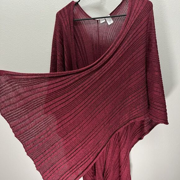 Chicos | Burgundy Maroon Red Textured Stripe Metallic Shawl Wrap Sweater One Sz - Picture 3 of 5